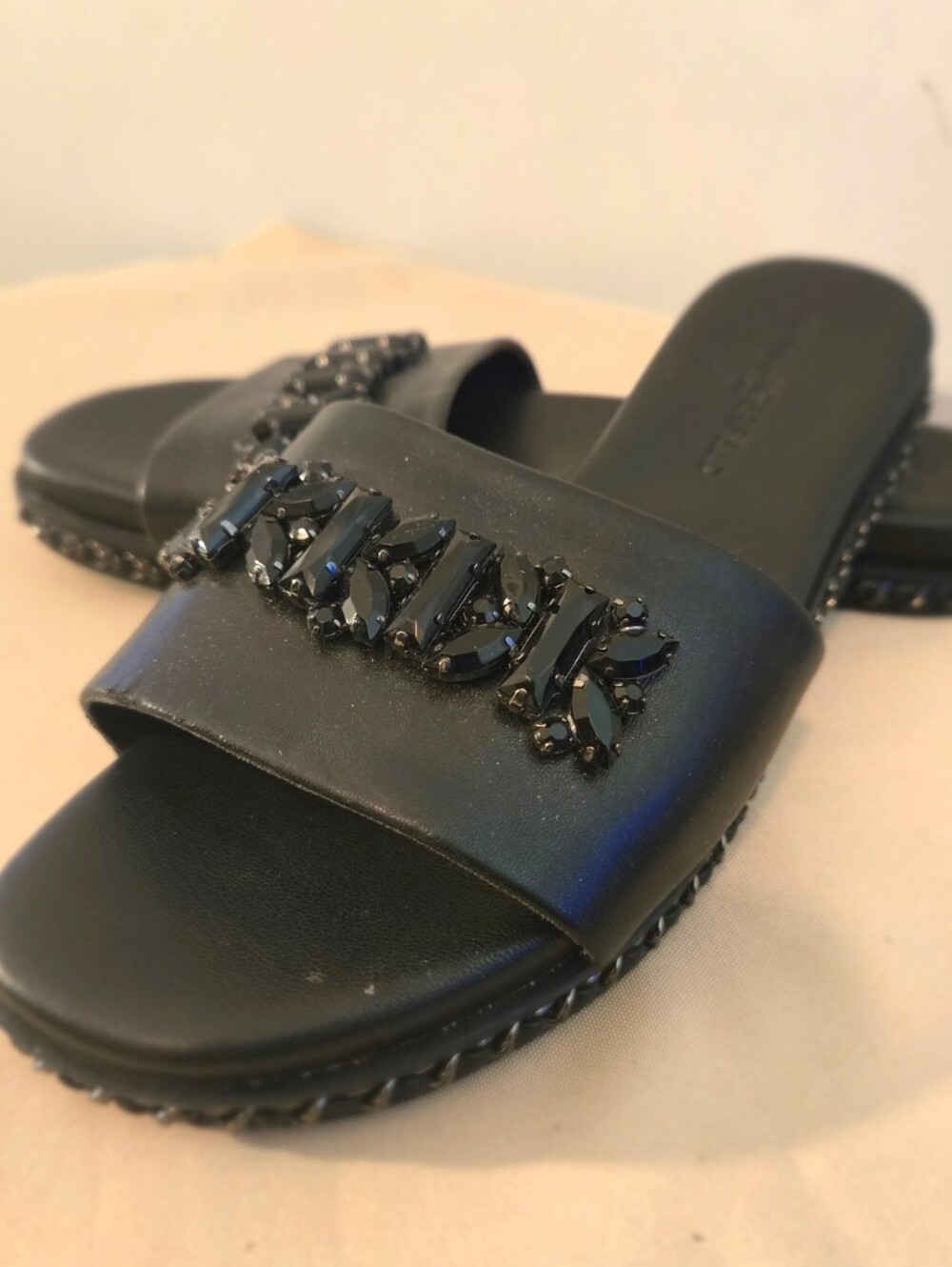 Karl Lagerfeld Black Embellished Slide Sandals Logo Rhinestone Slides Sz 7